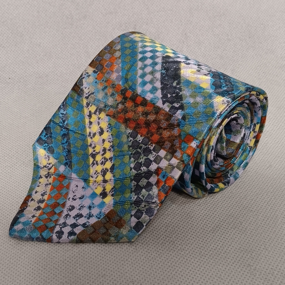 Bally Silk Necktie Blue Geometric New With Tags Hand Made in Italy